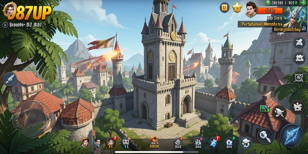 Tampilan gameplay 987UP dengan menara dan musuh yang seru.