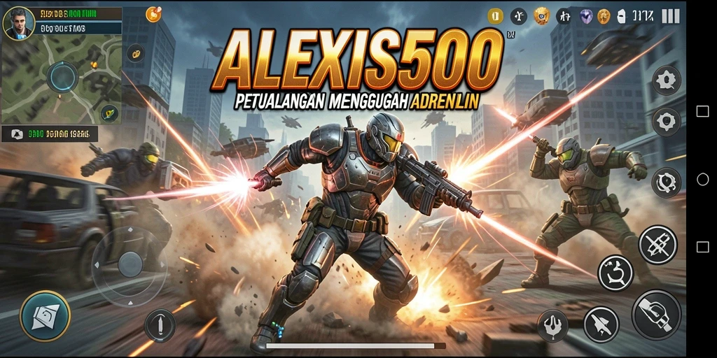 Screenshot ALEXIS500 menampilkan aksi seru dalam pertempuran.