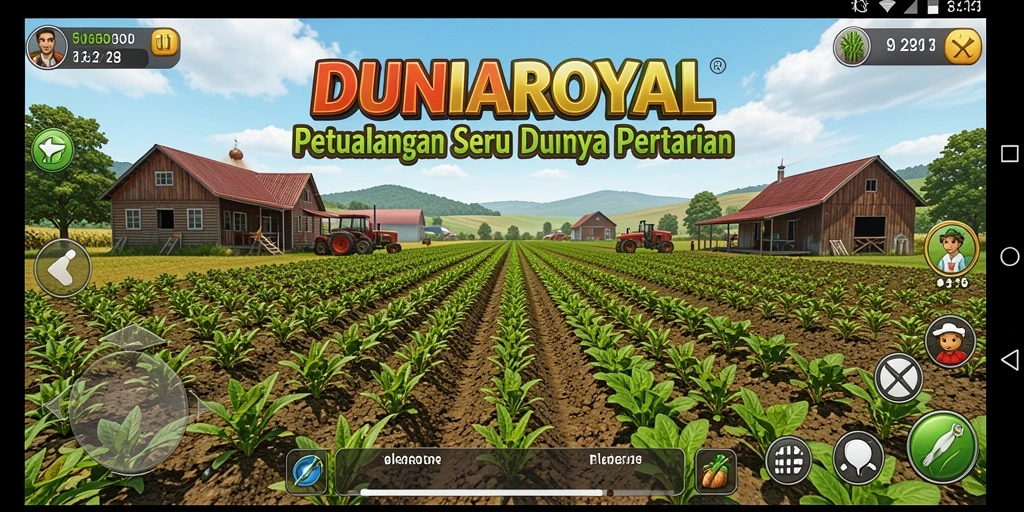 Screenshot utama DUNIAROYAL menunjukkan pemain saat merawat kebun di lahan pertanian.