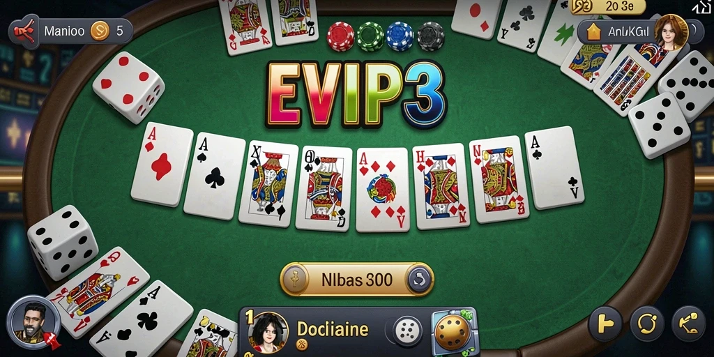 Screenshot utama EVIP3 menunjukkan serunya gameplay domino yang interaktif.
