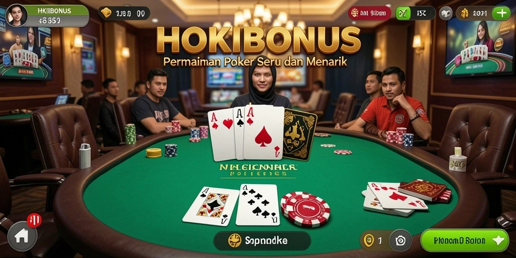 Tampilan menarik dan seru dari gameplay HOKIBONUS yang menampilkan suasana perjudian Poker.