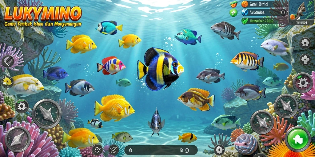 Screenshot gameplay LUKYMINO menampilkan aksi menembak ikan yang seru.