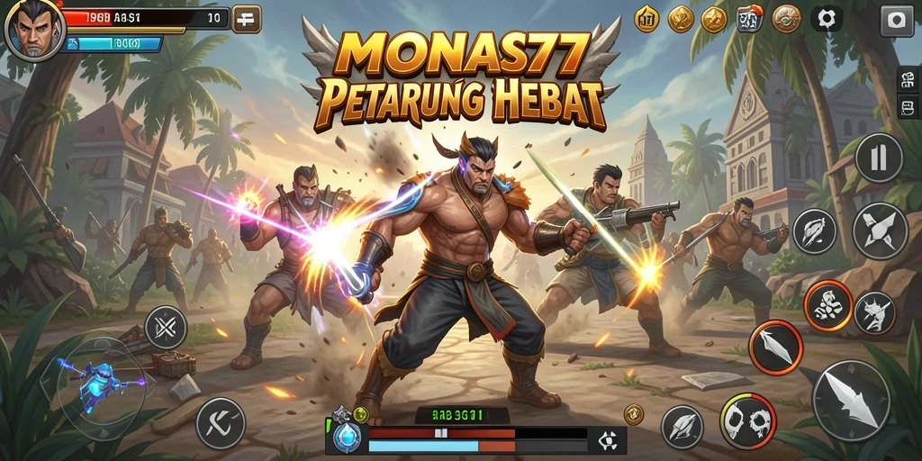 Screenshot gameplay MONAS77 yang menunjukkan pertempuran seru dan karakter menarik.