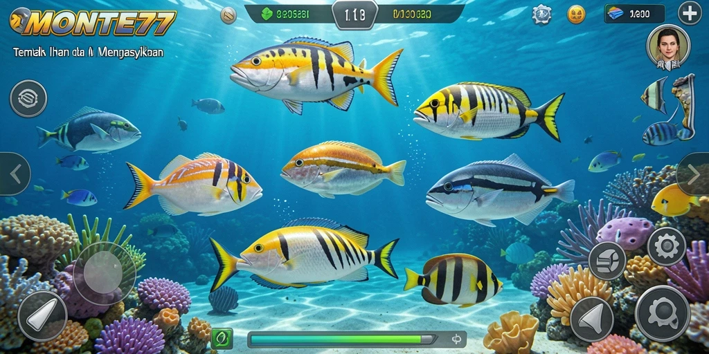 Screenshot gameplay MONTE77 menampilkan aksi seru menembak ikan.