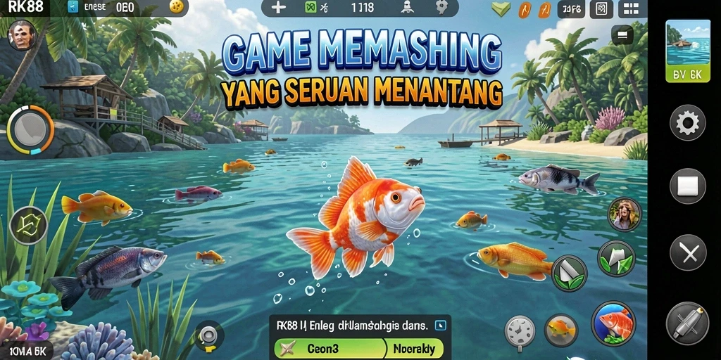 Screenshot menampilkan pemain sedang memancing dengan latar belakang laut yang indah.