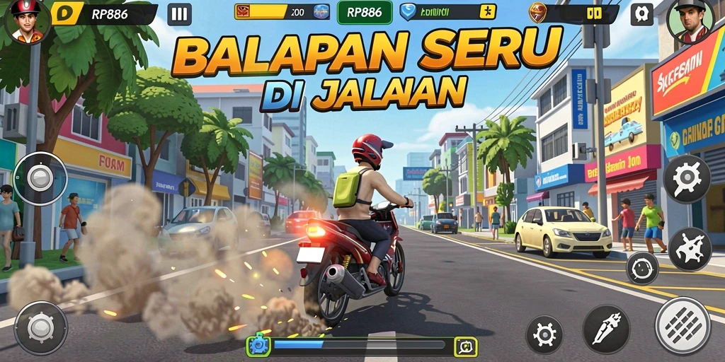 Screenshot gameplay RP886 menampilkan balapan yang mendebarkan dan mobil keren.