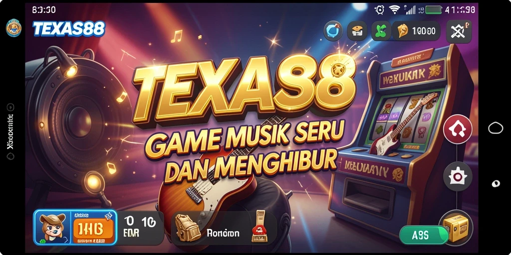 Screenshot utama TEXAS88 menampilkan pemain beraksi dalam gameplay musik penuh warna.
